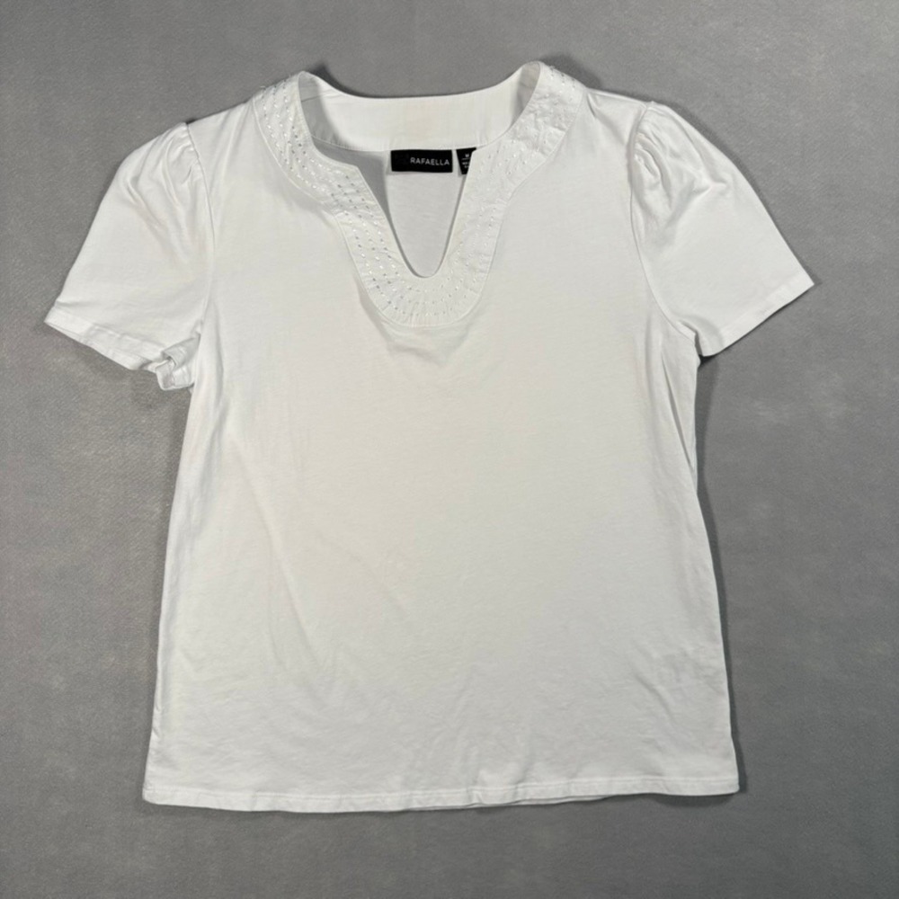 Rafaella‎ White Cotton Split Neck Top M Embroidery Feminine Minimalist Boho Chic